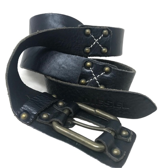 Diesel Other - Diesel Vintage 90s Black Leather Belt Brass Rivets Stitching Made Italy 100cm